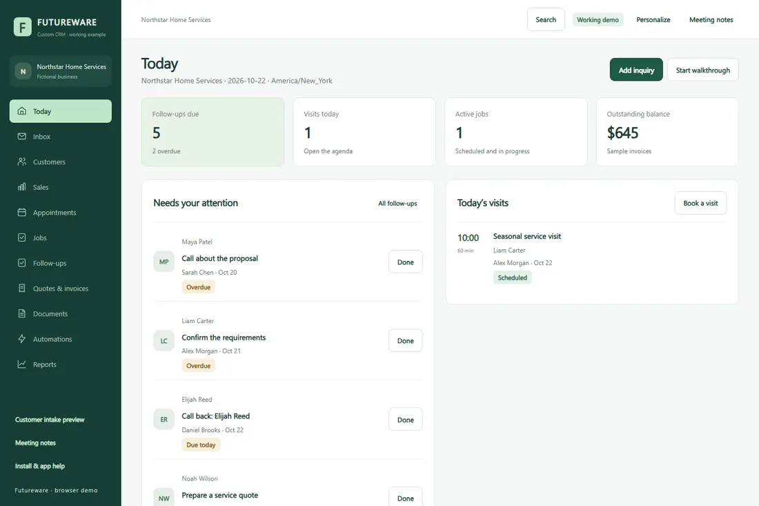 Futureware CRM Today screen with fictional follow-ups, appointments, jobs, and sample invoice totals