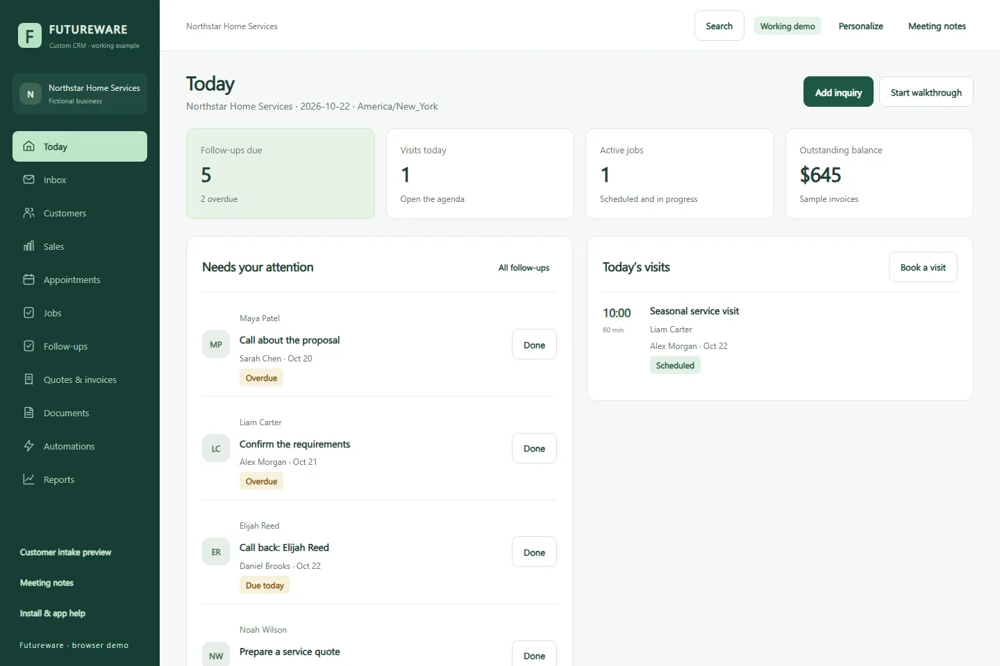Futureware CRM Today screen with fictional follow-ups, appointments, jobs, and sample invoice totals