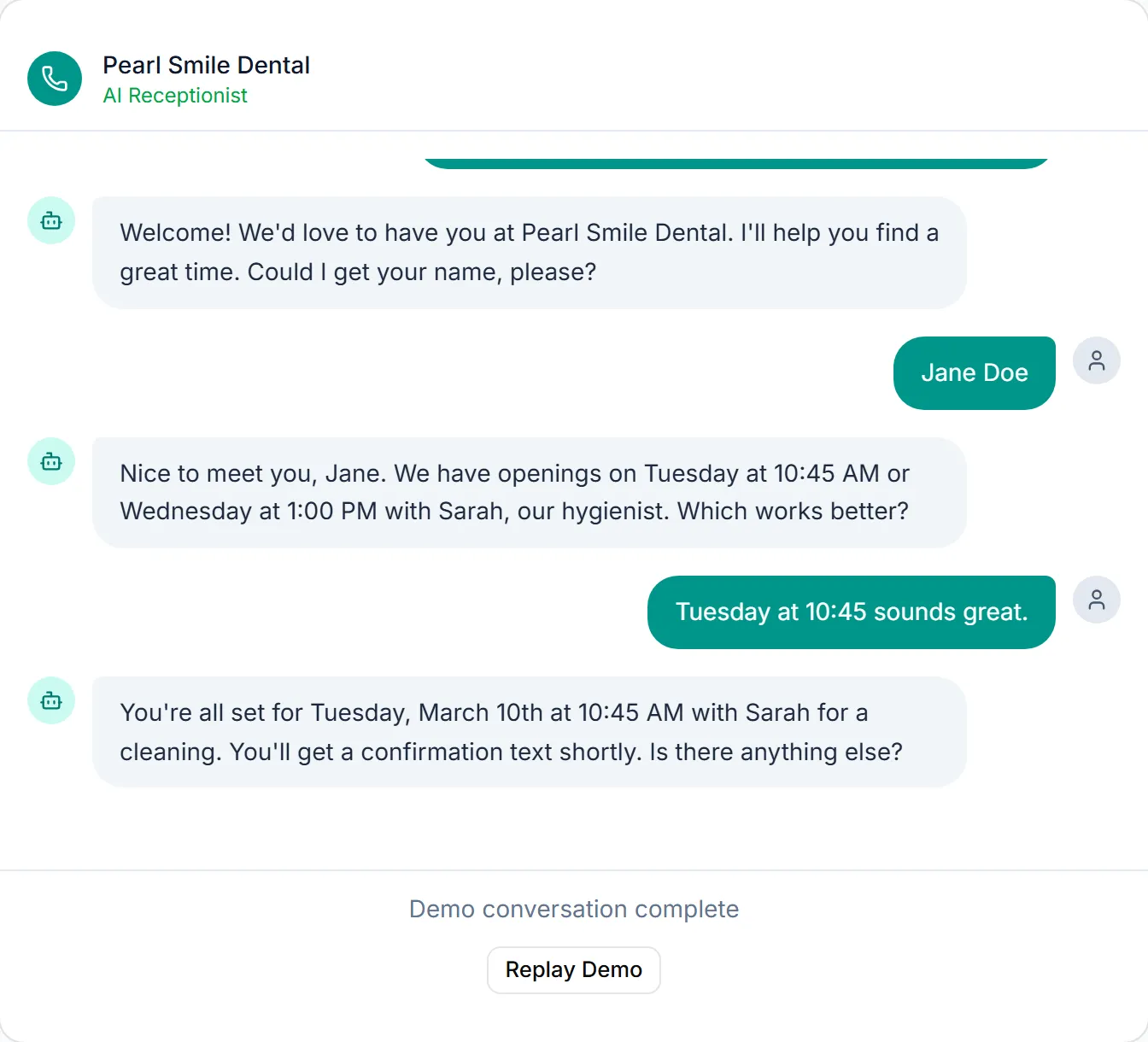 DentalSwarm scripted demo ending with a sample appointment summary; no real call or booking was made