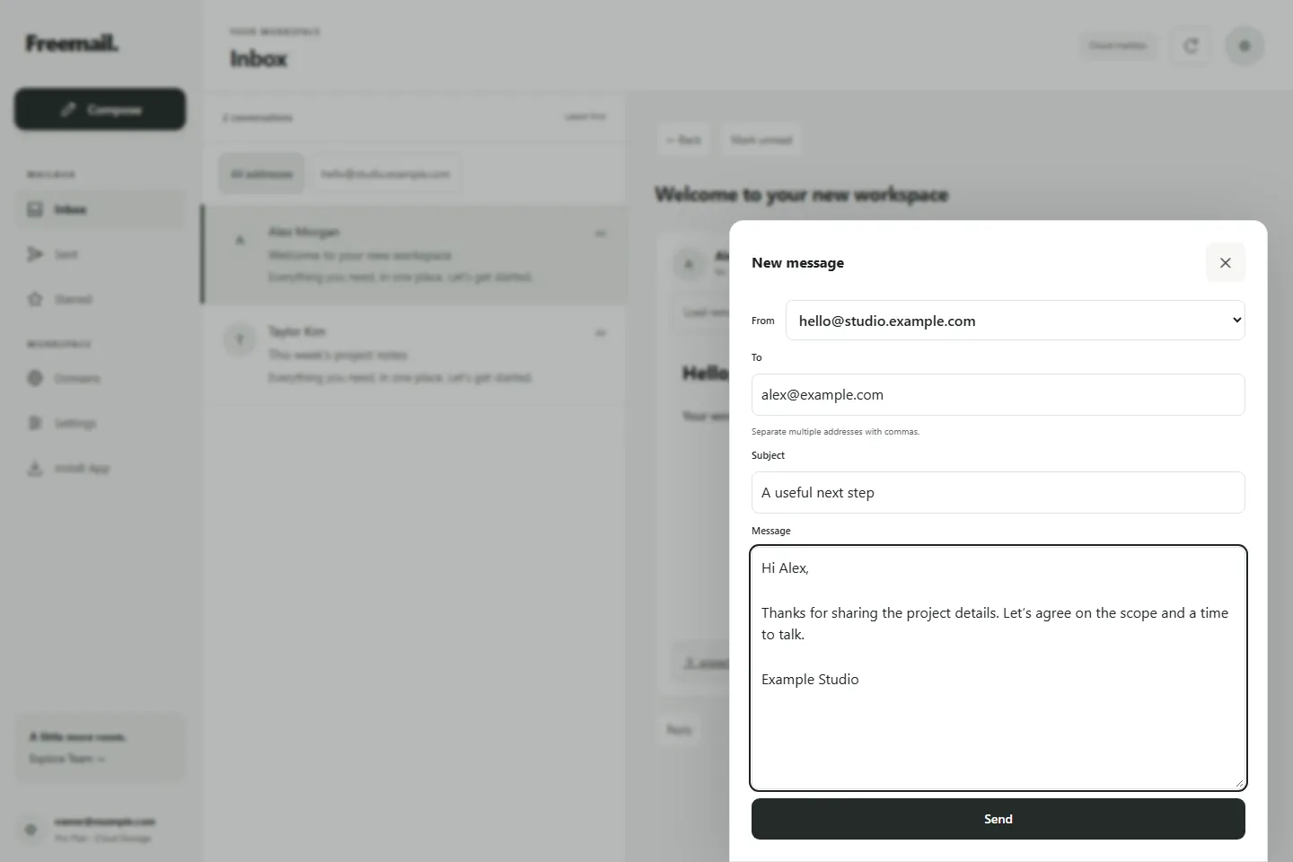 Freemail composer with a fictional draft to alex@example.com; no message was sent