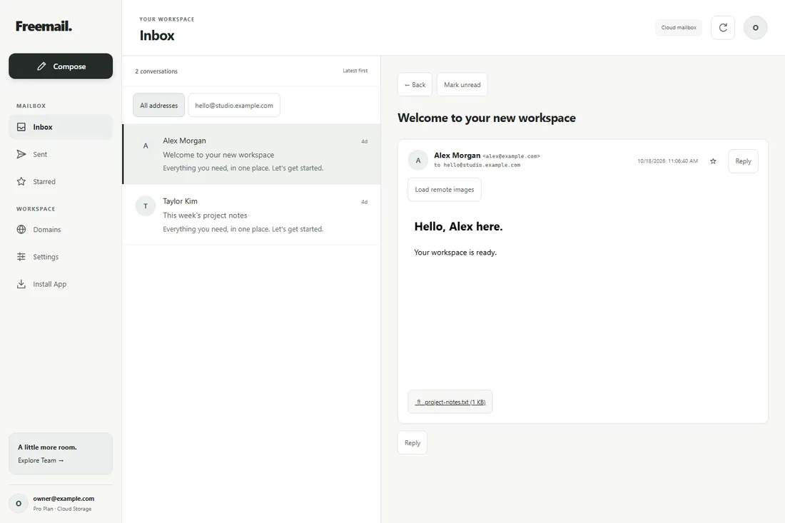 Freemail inbox and message reader showing fictional example.com messages