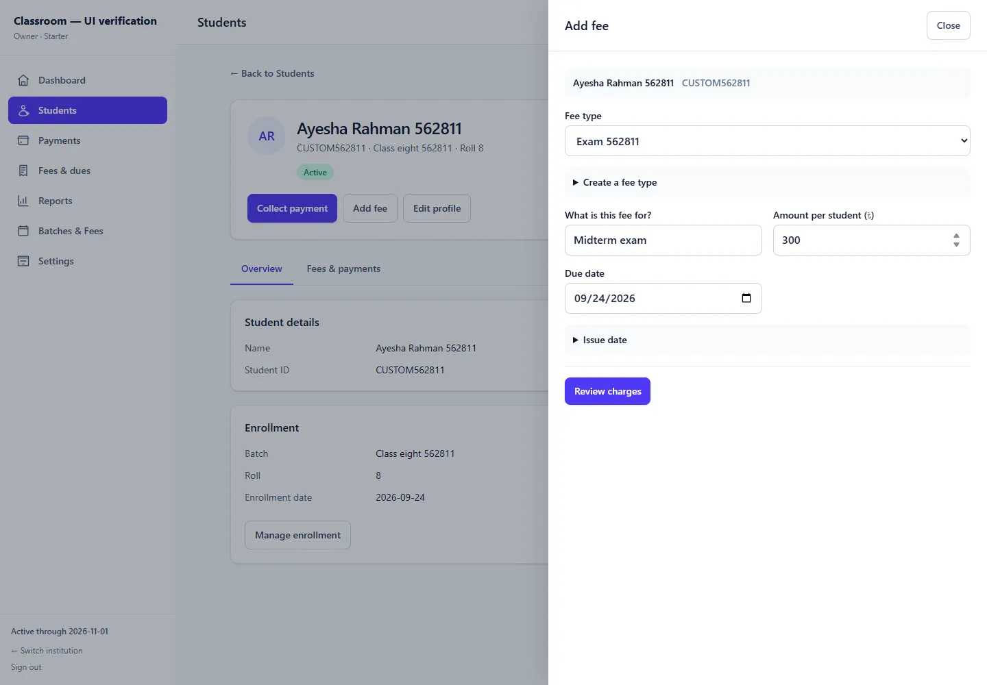 HISABEDU student fee drawer with a sample exam charge in a test workspace